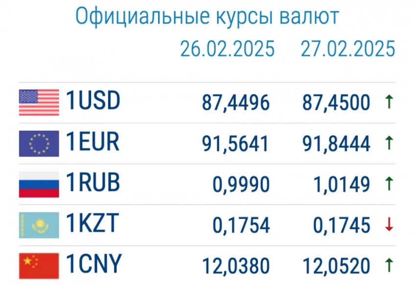 Валюталык курстардын коммерциялык банктардагы маалыматтары 27-февраль: рубль кайрадан арзандады