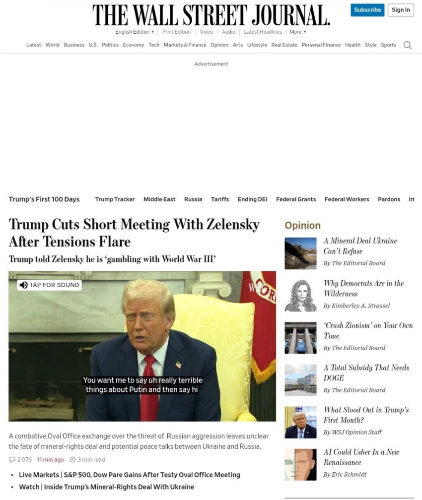 Чындык Ак күнүндө: Зеленский Трамп менен сүйлөшүүлөрдү токтотуп, брифингди жокко чыгарды