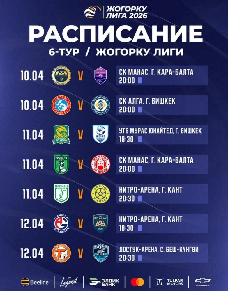 Высшая лига Кыргызстана: расписание матчей 6-го тура